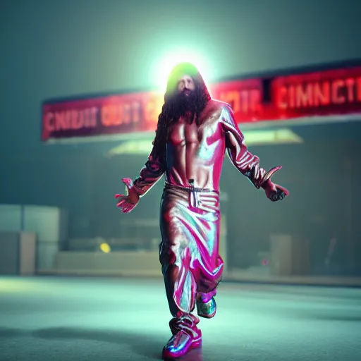 Image similar to candypunk jesus, character design, high quality digital art, render, octane, redshift, volumetric lighting, oled