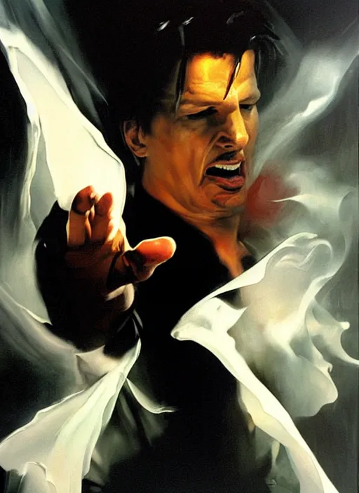 Image similar to zak bagans fighting a ghost, waving white sheet, enraged, painting by phil hale, 'action lines'!!!, graphic style, visible brushstrokes, motion blur, blurry