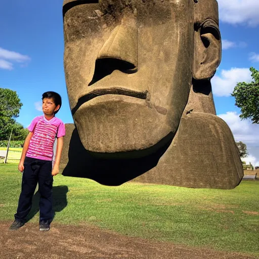 Prompt: a kid looking very dissapointed that his birthday present was a very large moai statue | iphone photograph