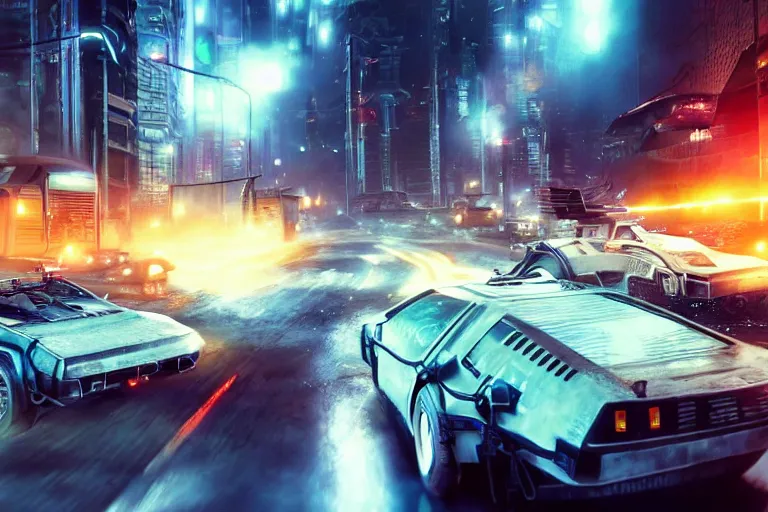 Prompt: photo of the back to the future combat delorean driving on wet post apocalyptic dystopian cyberpunk city streets at night, rocket league, mad max, action, speed, volumetric lighting, hdr, gta 5, makoto shinkai, syd mead, craig mullins, cinematic, fast and furious, octane, 8 k, iso 1 0 0, 1 2 mm