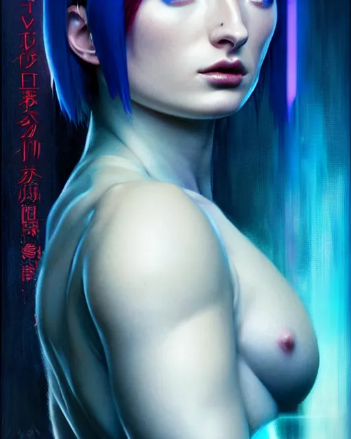 Image similar to electric blue short haired cyborg muscular sophie turner in ghost in the shell poster, sensual pose, artgerm, jeremy lipkin, fine detail!!