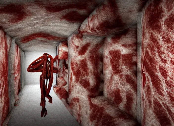 Image similar to In the wall of a room one rectangular portal is opened to a new room, consisting of meat, veins, lungs, blisters, kidneys. Bodyhorror, wide angle shot, extremely high detail, 16k, 8k