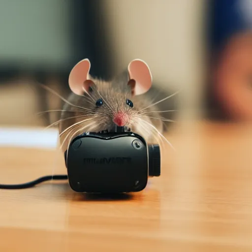 Prompt: a grainy 35mm photo of a mouse wearing VR
