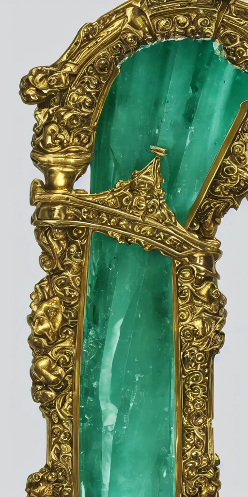 Image similar to photograph of a large green and teal crystal sword with a gold sword hilt