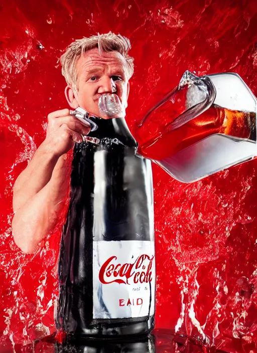 Image similar to Gordon Ramsey chugging an entire 4 liter bottle of coca cola, intense expressionate photograph, high quality, detailed, sharp, 4k, trending on artstation, raytraced