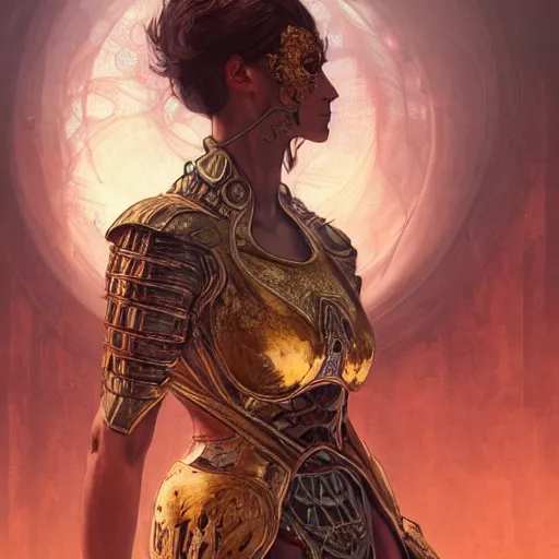 Image similar to portrait knights of Zodiac girl, metallic black and reddish color reflected armor, in ruined Agora of Athens, ssci-fi, fantasy, intricate, very very beautiful, elegant, golden light, highly detailed, digital painting, artstation, concept art, smooth, sharp focus, illustration, art by tian zi and WLOP and alphonse mucha