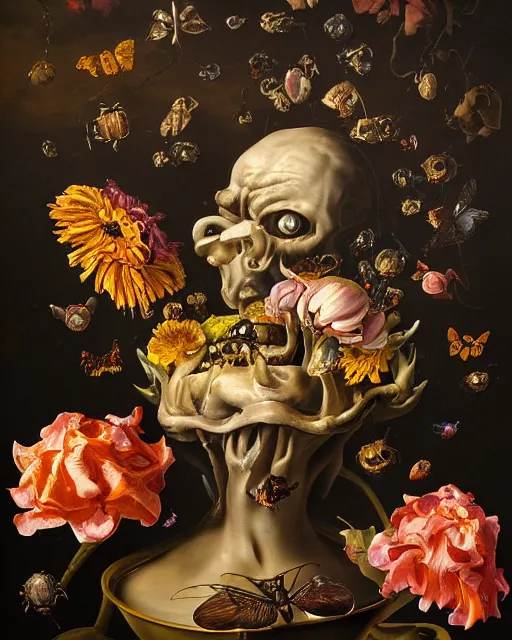 Image similar to refined gorgeous blended oil painting with black background by christian rex van minnen rachel ruysch dali todd schorr of a chiaroscuro portrait of an extremely bizarre disturbing mutated man made of still life flowers and rubber insects with shiny skin acne dutch golden age vanitas intense chiaroscuro cast shadows obscuring features dramatic lighting perfect symmetry perfect composition masterpiece