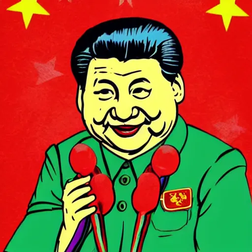 Image similar to xi jinping as communist clown, soviet propaganda style, vivid colors, detailed lines, dominating red color, detailed portrait, poster style