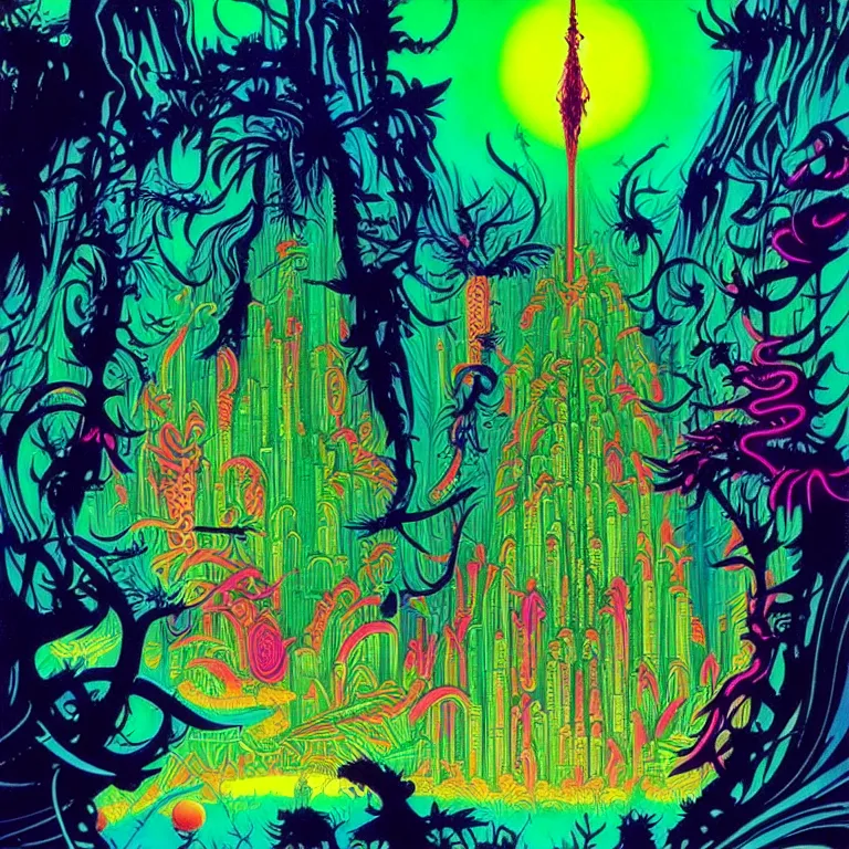 Image similar to strange holiday, synthwave, bright neon colors, highly detailed, cinematic, eyvind earle, tim white, philippe druillet, roger dean, ernst haeckel, lisa frank, aubrey beardsley, stanley kubrick