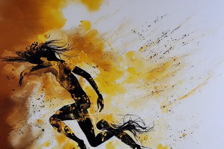 Prompt: beautiful serene runner, healing through motion, life, uplifting, minimalistic golden and ink airbrush painting on white background