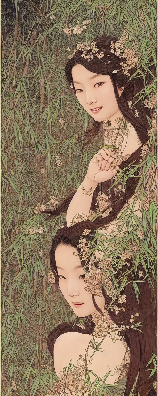 Image similar to a beautiful portrait of an ancient chinese princess in the bamboo forest, flowing hair, fantasy, regal, intricate, art nouveau, swirly intricate linework background by stanley artgerm lau, greg rutkowski, victo ngai, alphonse mucha, loish, norman rockwell