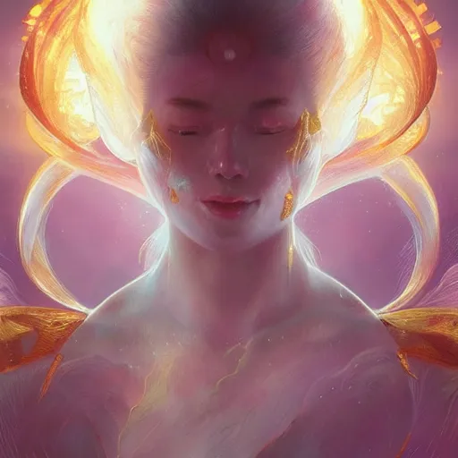 Prompt: female japanese sun elemental, ghostly form, transparent, d & d, golden!!! palette, highly detailed, digital painting, artstation, concept art, sharp focus, illustration, cinematic lighting, art by artgerm and greg rutkowski and alphonse mucha