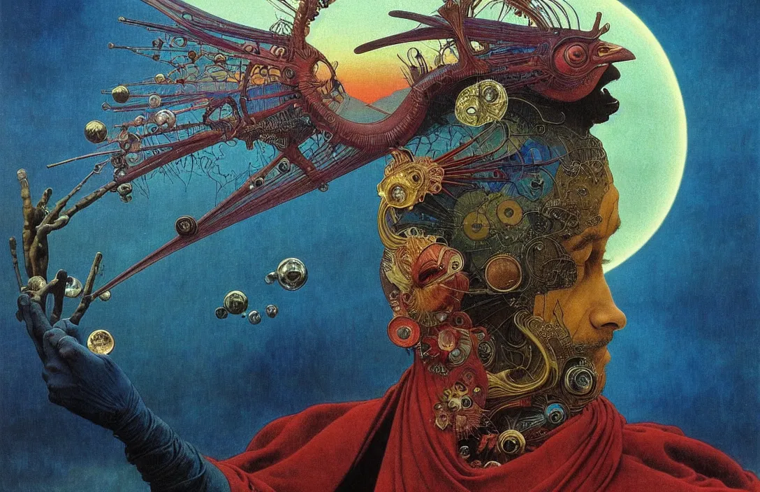 Image similar to realistic detailed portrait movie shot of a birdman wearing a dark robes, sci fi city landscape background by denis villeneuve, amano, yves tanguy, alphonse mucha, ernst haeckel, max ernst, roger dean, masterpiece, rich moody colours, dog teeth, blue eyes, sunset