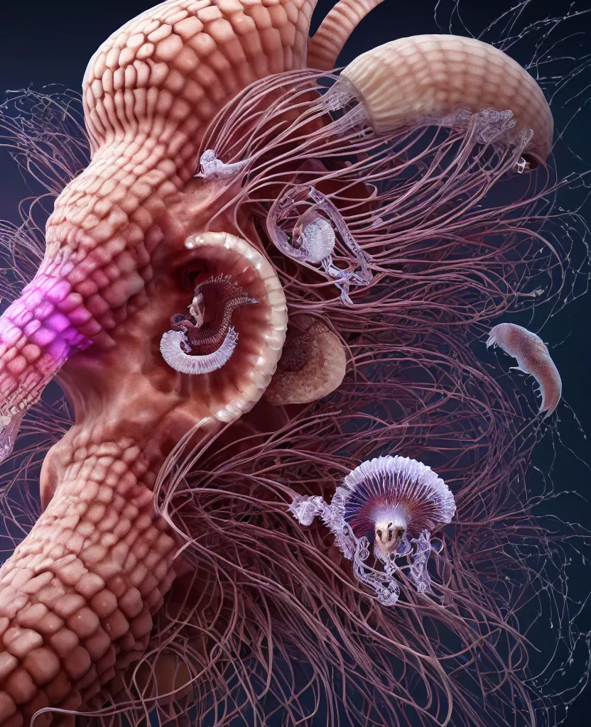 Image similar to goddess close-up portrait ram skull. jellyfish phoenix head, nautilus, orchid, ram skull, betta fish, bioluminiscent creatures, intricate artwork by Tooth Wu and wlop and beeple. octane render, trending on artstation, greg rutkowski very coherent symmetrical artwork. cinematic, hyper realism, high detail, octane render, 8k