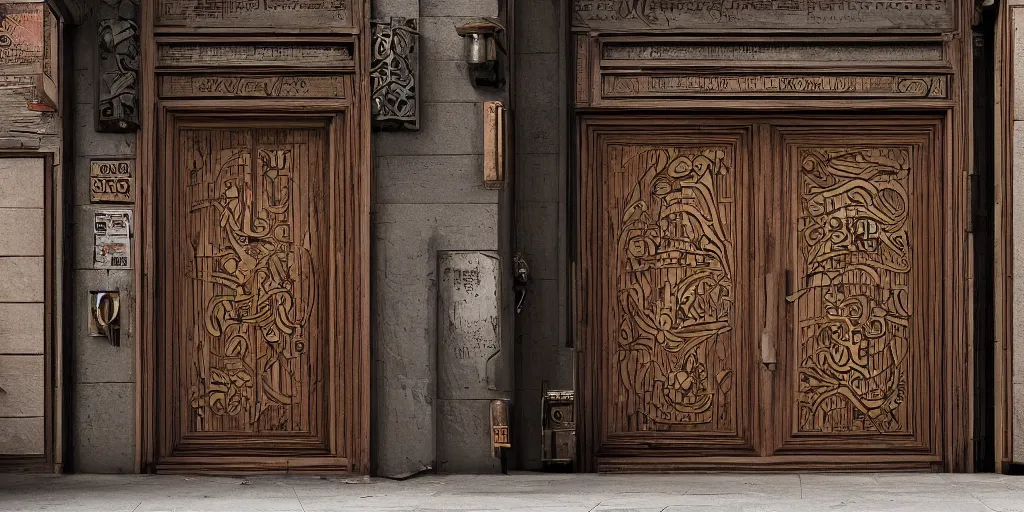 Image similar to photo of a wooden door with engravings on a city street in modern new york. architecture. trending on artstation. cgsociety. art by greg rutkowski and moebius.