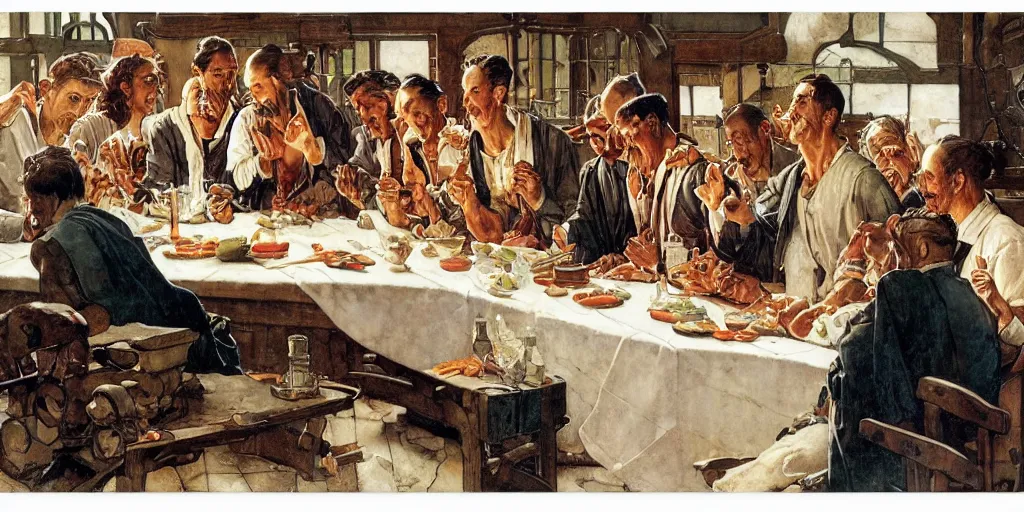 Prompt: the last supper, illustration, joseph christian leyendecker, norman rockwell