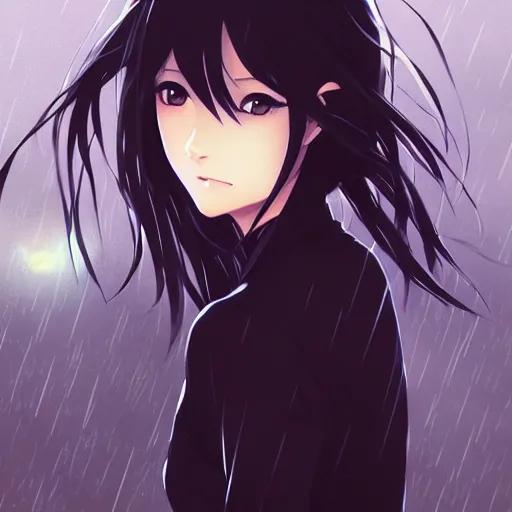 Image similar to a beautiful anime girl with dark hair, wearing a black dress, rainy weather, park background, intricate, highly detailed, digital painting, artstation, anime key visual, concept art, dramatic lighting, sharp focus, illustration, art by Artgerm, Makoto Shinkai, Ilya Kuvshinov, Lois Van Baarle, and Rossdraws