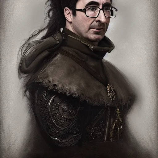 Image similar to portrait of stoic looking john oliver as in the vigo carpathian painting, military uniform, fantasy, intricate, elegant, beautiful, highly detailed, charcoal, centered, dark, smokey, digital painting, artstation, concept art, smooth, sharp focus, illustration, art by artgerm and greg rutkowski and alphonse mucha