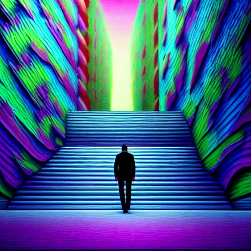 Prompt: photo - realistic, painting of a man walking alone in the boulevard of psychedelic dreams, trippy stairs in the background highly detailed, hyper detail, sharp, in the style of beeple, mobeius, rule of thirds, unreal engine trending on artstation