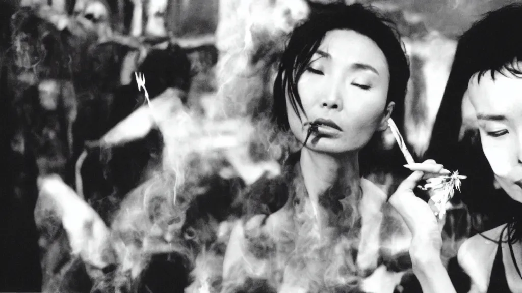 Prompt: Maggie Cheung smokes weed with a demon, 35mm film still, by Jean Luc-Godard