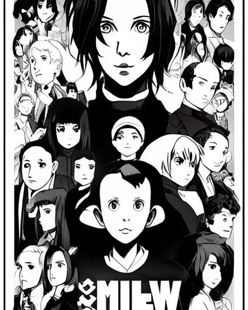 Image similar to Millie Bobby Brown in a black and white anime poster