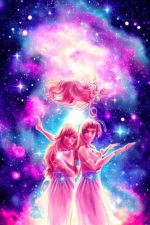 Prompt: zodiac gemini constellation of white two princess in the starry sky, masterpiece epic retrowave art, trending on art station