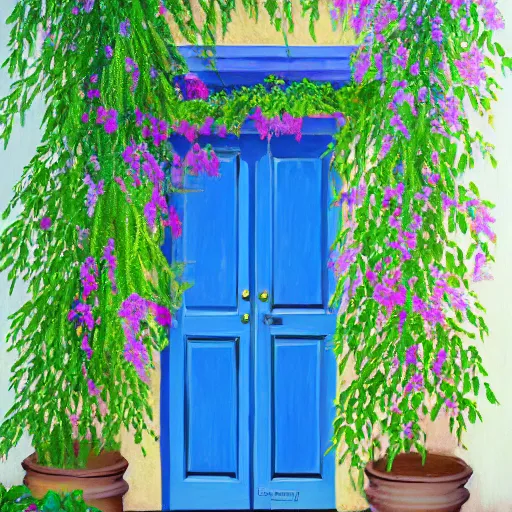 Image similar to painting of a european blue door surrunded by bougainvillea award winning fuzzy