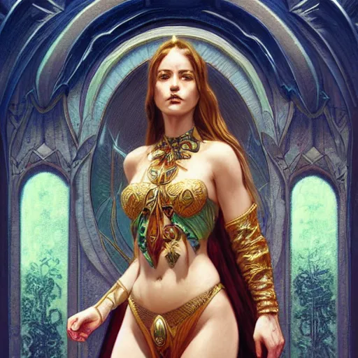 Image similar to epic masterpiece full body portrait of a beautiful Atlantean priestess, highly detailed, digital painting, artstation, concept art, sharp focus, illustration, art by artgerm and greg rutkowski and alphonse mucha