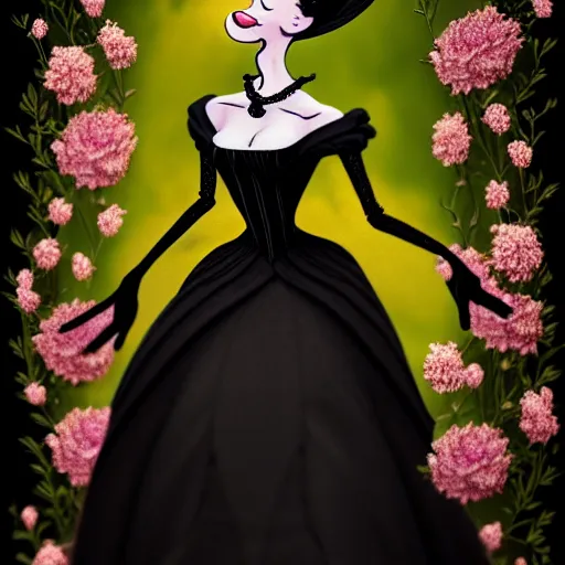 Prompt: portrait of an absurdly graceful, elegant, slender, sophisticated woman wearing black victorian dress, covered in flowers, by dr seuss, tex avery, intricate, beautiful, artstation 8 k