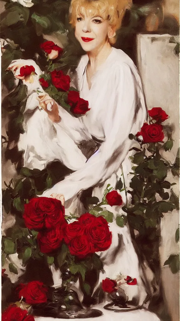 Prompt: portrait of julee cruise in white balloon sleeve dress beside a pot of red roses, a detailed persian curtain in back painted by john singer sargent