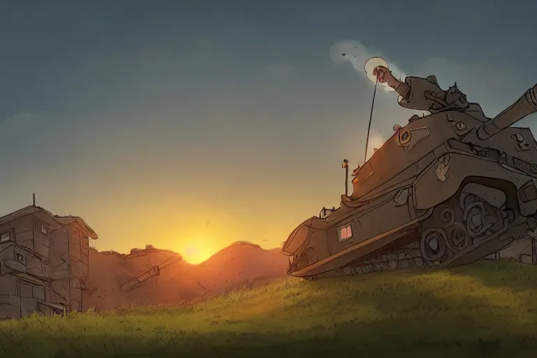 Image similar to tank firing at a building the shire at sunset in the style of ghibli, 8 k, artstation, award wining, rutkowski, shinkai