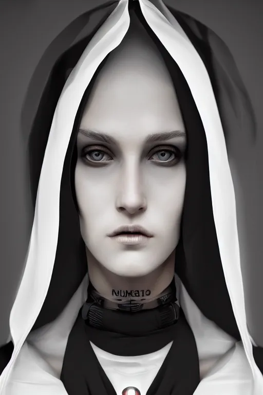 Image similar to a portrait of an lonely cyber nun, elegant, focus, detailed, realistic eyes, horizontal partial symmetry features proportions, intricate facial details, cybertech, award winning, trending in cgsociety artstation deviant art