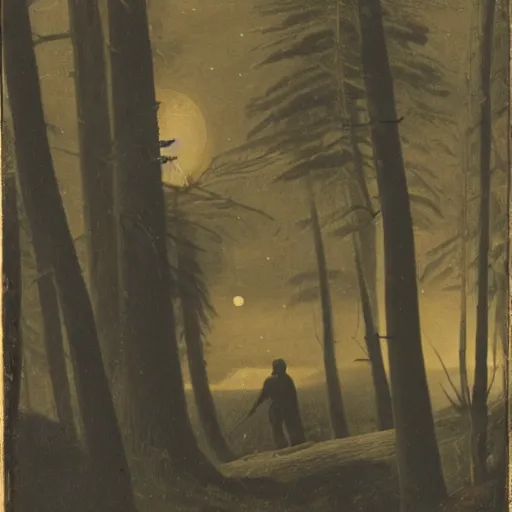 Prompt: hunter alone in the wilderness, midnight, dark boreal forest, 19th century