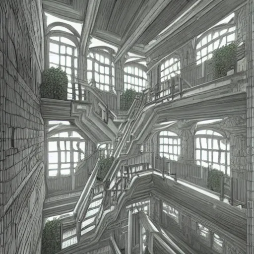 Prompt: a rotten fungus mushroom clump in a bright white hallway with many doors and stairs, Mc Escher architecture, epic composition, by Makoto Shinkai