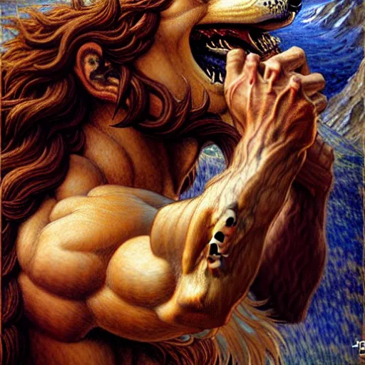 Image similar to artstation, intricate details, hyper details, by gaston bussiere and sandro botticelli, werewolf boyfriend, furry,