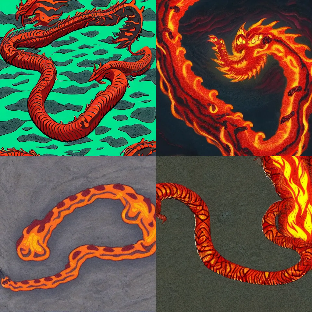 Prompt: fire serpent of hell surrounded by lava pits in the style of noah-kh