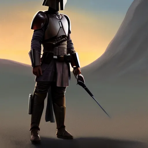 Image similar to a young blonde male jedi with short hair standing still looking at the sunset, over the shoulder shot, ots shot, third-person shot, full-length, head-to-toe, full body photography, extremely long shot, long shot, concept art by Doug Chiang cinematic, realistic painting, high definition, concept art, the Mandalorian concept art style