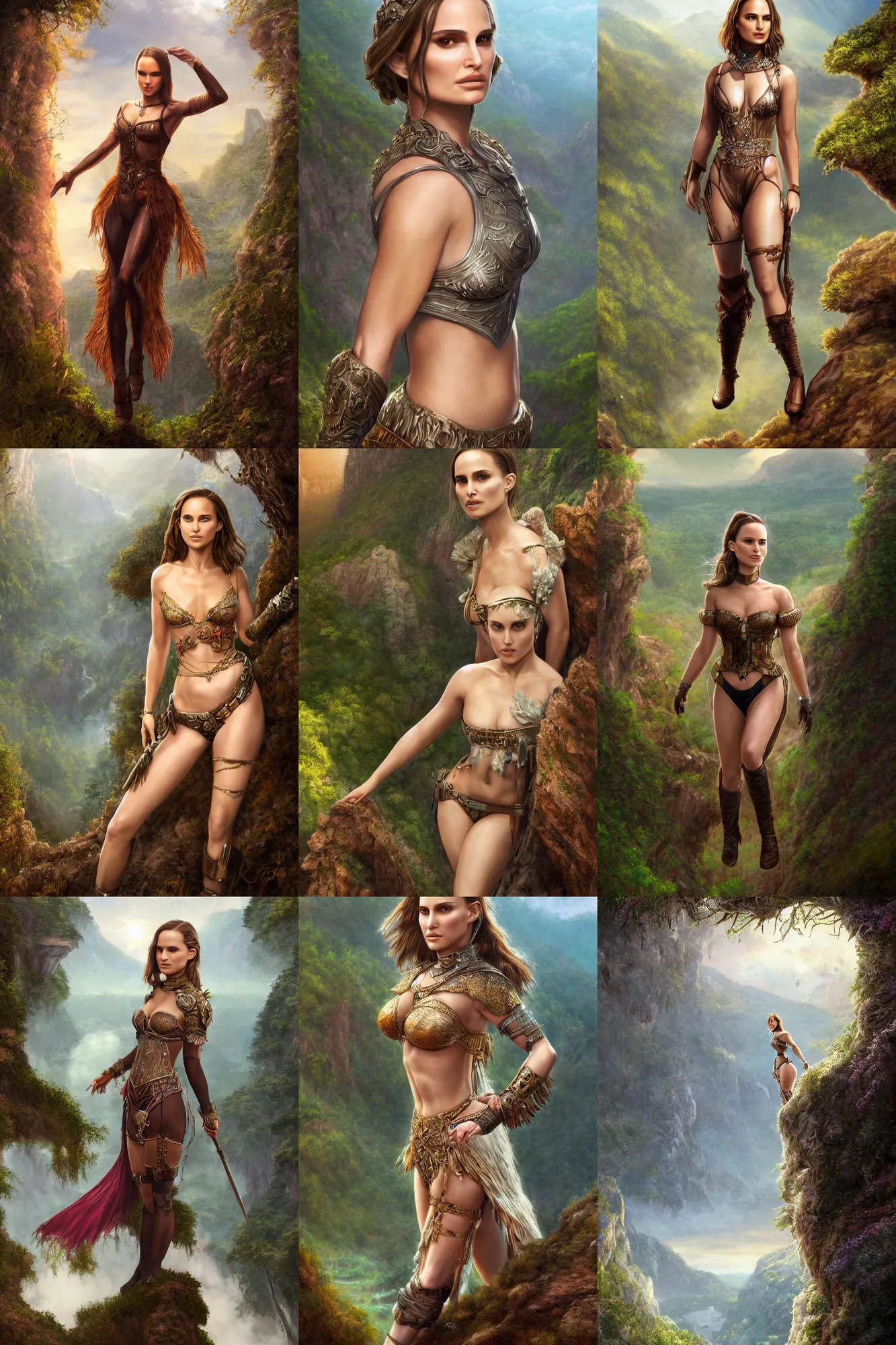 Prompt: intricate realistic digital painting of Natalie Portman clothed in a chesty fantasy outfit, posing on the edge of a cliff overlooking a forested valley, realistic, intricate details, 8k resolution matte fantasy painting, cinematic lighting, trending on Artstation