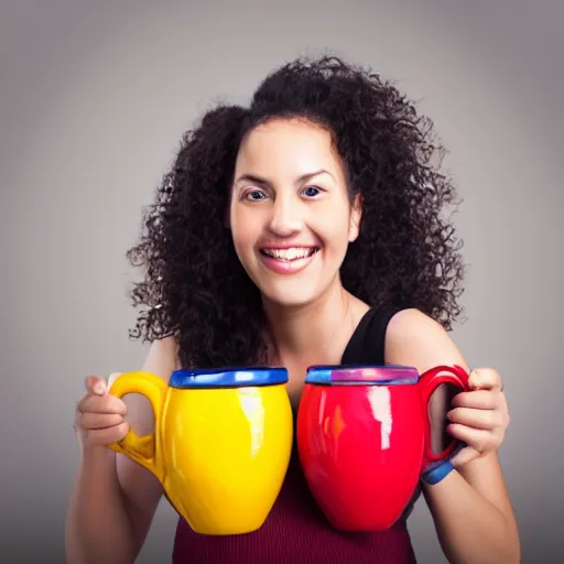 Image similar to woman holding 2 giant jugs while smiling, photorealistic, studio