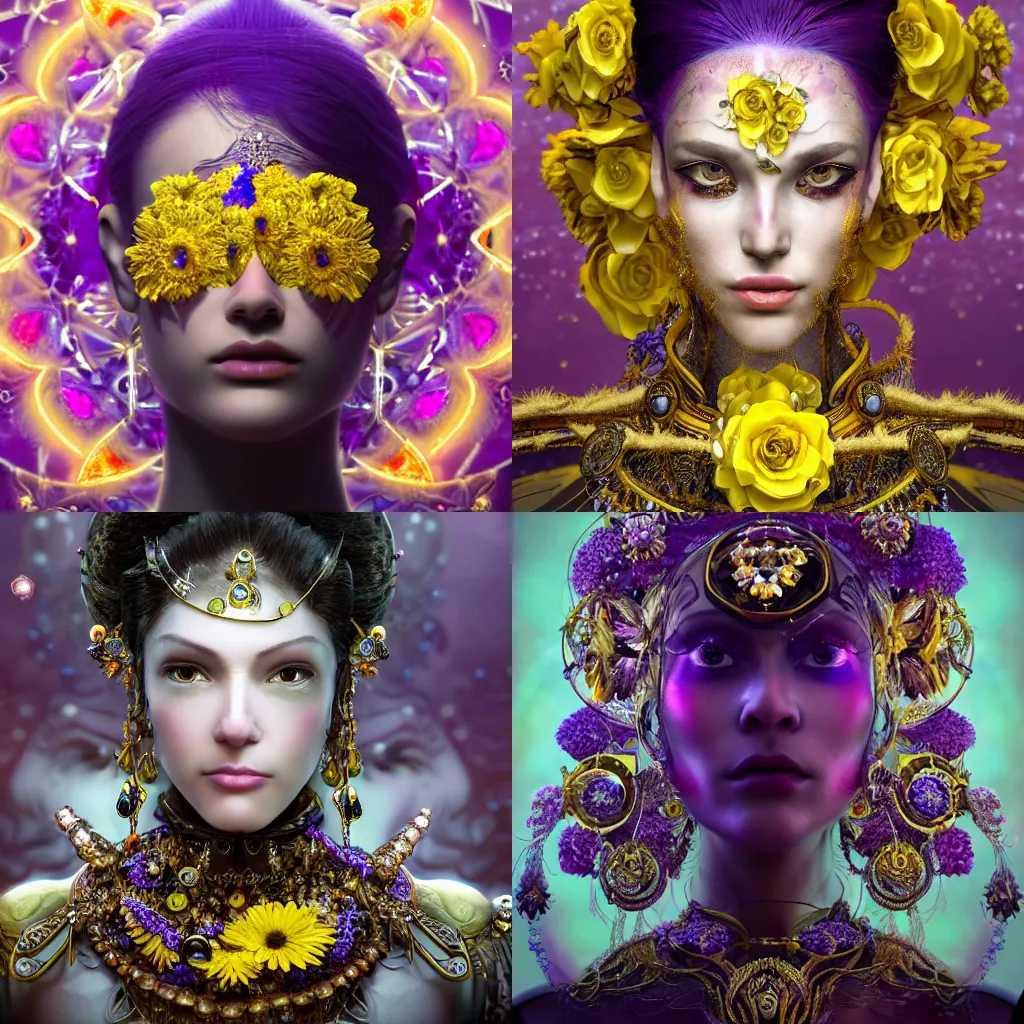 Prompt: realistic character concept, the empress with lots of jewelry and yellow and purple flowers in the face, elegant pose, scifi, illustration, slender symmetrical face and body, artstation, cinematic lighting, hyperdetailed, 8 k, high resolution, lauren brevner, yasutomo oka, insanely detailed and intricate, elegant, dark fractal background, vfx, art deco, postprocessing