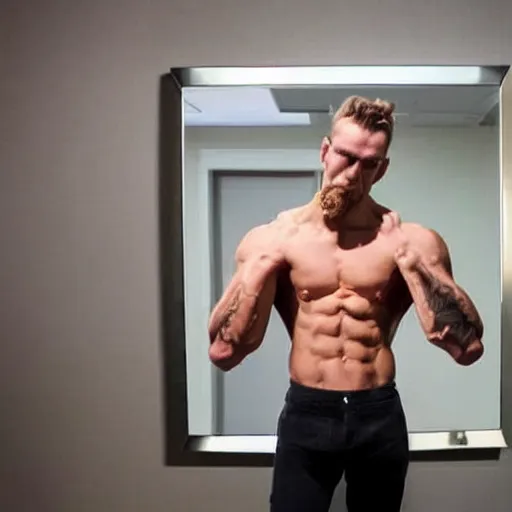 Prompt: a chad posing in front of a mirror, flexing