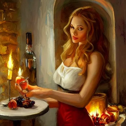 Image similar to wine cellar full of food, torches on the wall, schnapps, romantic, inviting, cozy, blonde woman, painting Vladimir Volegov