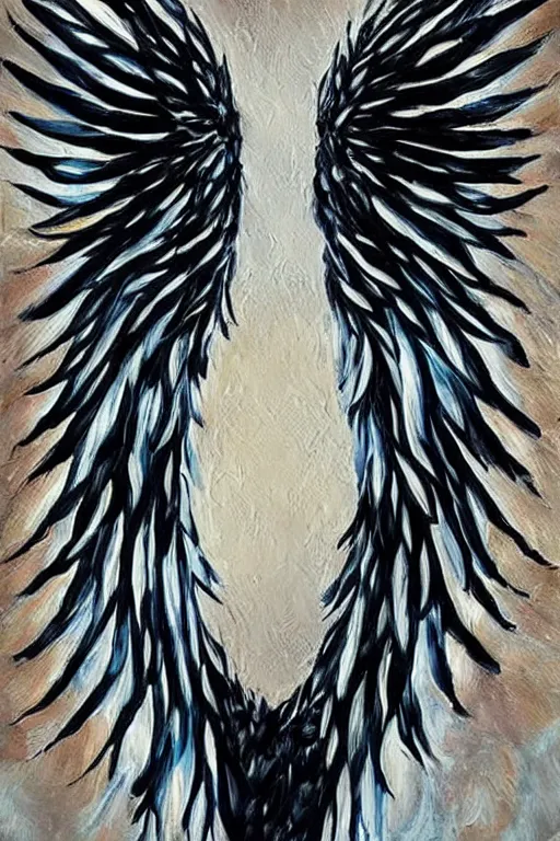 Prompt: A beautiful painting with white wings on the left and black angels on the right wing with halos on the top of the head