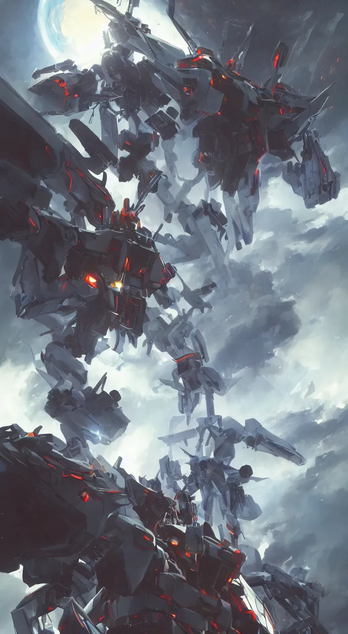 Image similar to hades in mobile suite gundam, mecha design, rising from space, realistic lighting, by andreas rocha and greg rutkowski