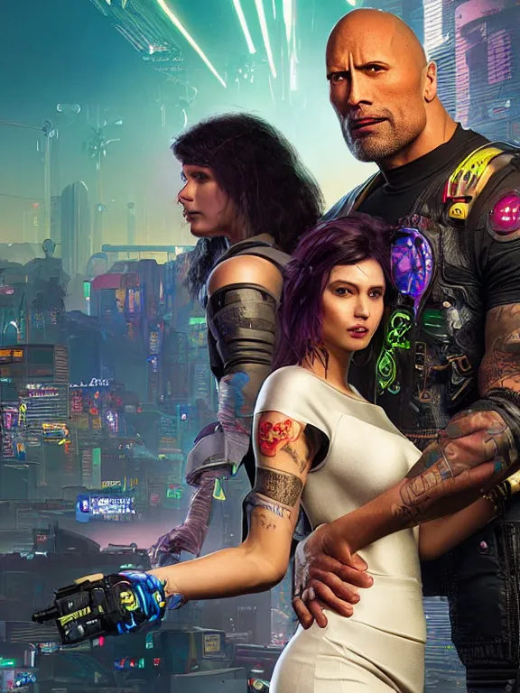 Image similar to a cyberpunk 2077 wedding couple portrait of Dwayne Johnson and a female android,complex mess of cables and wires behind them connected to giant computer,film lighting,by laurie greasley,Lawrence Alma-Tadema,William Morris,Dan Mumford, trending on atrstation,full of color,face enhance,sharp focus, highly detailed,8K, octane,golden ratio,cinematic lighting