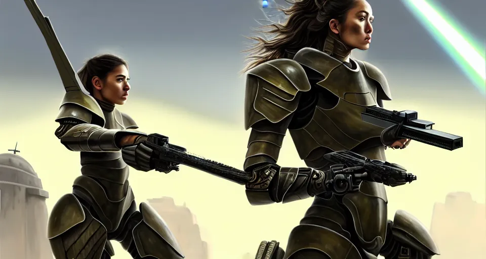 Image similar to a photorealistic painting of an attractive young warrior girl, clothed in stealth-battle armor with a giant sci-fi sniper rifle in her hands, olive skin, long dark hair, beautiful bone structure, symmetrical face, perfect eyes, a futuristic hover-tank with heavy laser-turret in the background, intricate details, elegant, digital painting, illustration, sharp focus, minimal artifacts, from Metal Gear, in the style of Ruan Jia and Mandy Jurgens and Greg Rutkowski, trending on Artstation, award winning, unreal engine, octane render