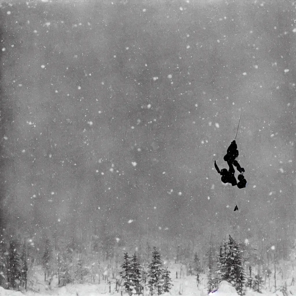 Image similar to world's first photo of ski - jumper flying thru air from a jump, spruce forest surroundings, snowy atmosphere, cold, winter, 1 9 1 3, finland