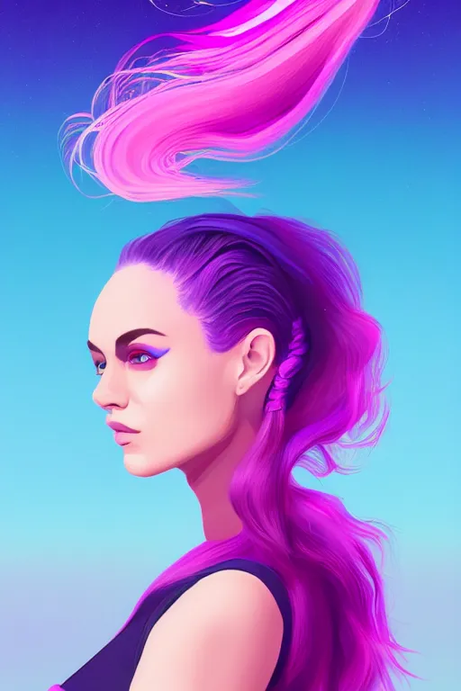 Image similar to a award winning half body porttrait of a beautiful woman in a croptop with ombre purple pink teal hairstyle with head in motion and hair flying, outrun, vaporware, shaded illustration, digital art, trending on artstation, highly detailed, fine detail, intricate