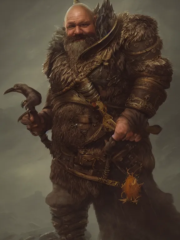 Image similar to High Fantasy Dwarf Huntsman with his Raven, RPG Portrait Reference, Oil Painting, Trending on Artstation, octane render, Insanely Detailed, 8k, HD