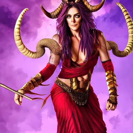 Prompt: illustrated hyper realistic portrait of Elizabeth Hurley as ram-horned devil woman with purple hair, red dress, epic action pose by rossdraws, award winning epic HD photography